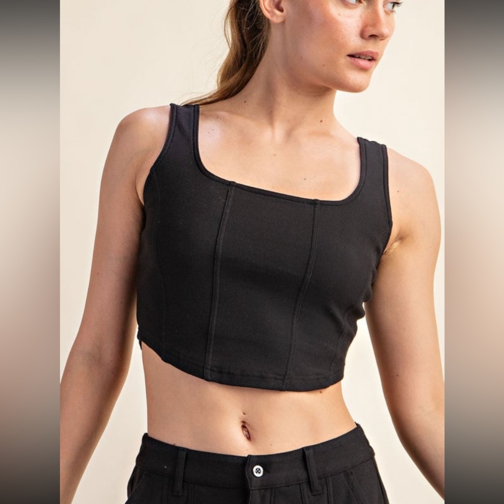 New Rae Mode Cotton Stretch Twill Square Neck Crop Top in Black SZ 1X